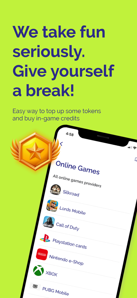 Flash: Mobile Payments & Bills - PUBG 및 PlayStation과 같은 온라인 게임 크레딧 및 토큰 구매를 위한 모바일 앱 화면