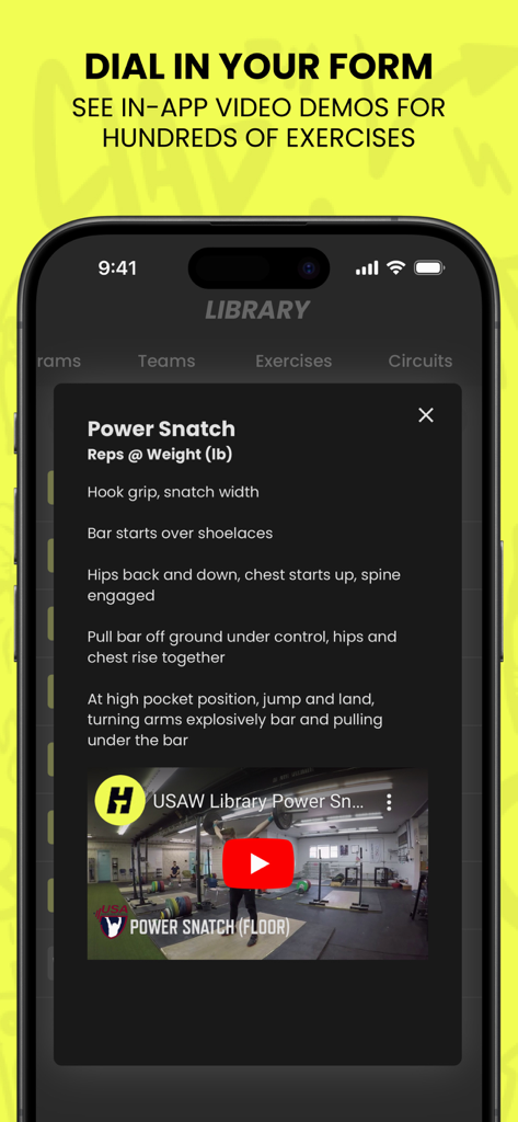 TrainHeroic: Strength Training - App TrainHeroic che mostra indicazioni tecniche di coaching e una dimostrazione video per un esercizio di power snatch.