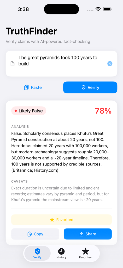 Truth Finder AI - Truth Finder AI app interface showing a fact check analysis of a claim about the pyramids with a Likely False verdict and 78 percent confidence score.