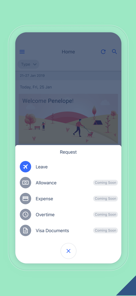 Kolay - Interface do aplicativo móvel Kolay RH exibindo um menu de solicitação com opções de licença e recursos futuros como despesas e horas extras.