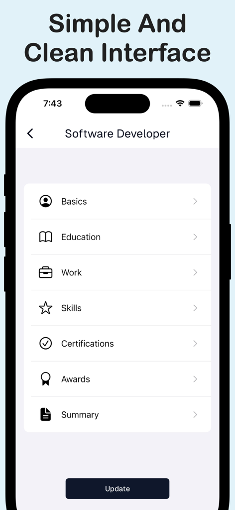 Intelligent CV Maker Pro App-Oberfläche, die Abschnitte zur Bearbeitung des Lebenslaufs für einen Softwareentwickler zeigt