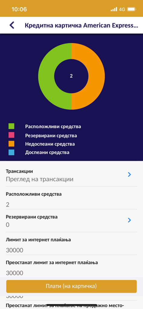 Silk Road m-Bank app screen showing American Express credit card balance with a donut chart and payment limits in Macedonian