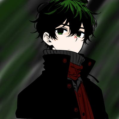 anime boy, black hair,button up jacket covering neck.