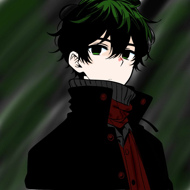 anime boy, black hair,button up jacket covering neck.