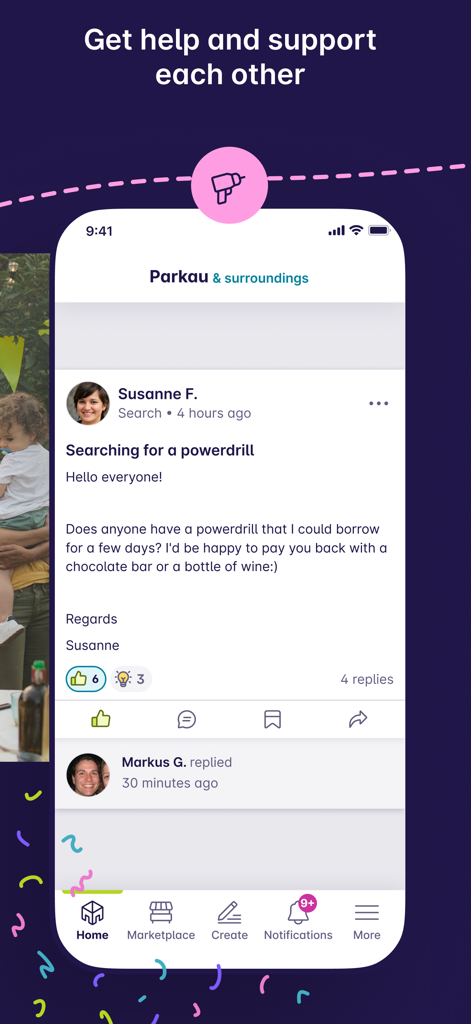 nebenan.de - A screenshot of the nebenan.de app showing a user post titled Searching for a powerdrill to borrow from neighbors in a local community feed.