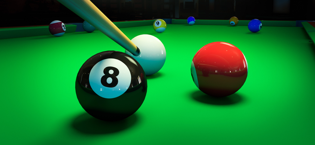 Billiard Legend - Ball Games - Close up 3D view of an 8 ball and pool cue on a green billiard table