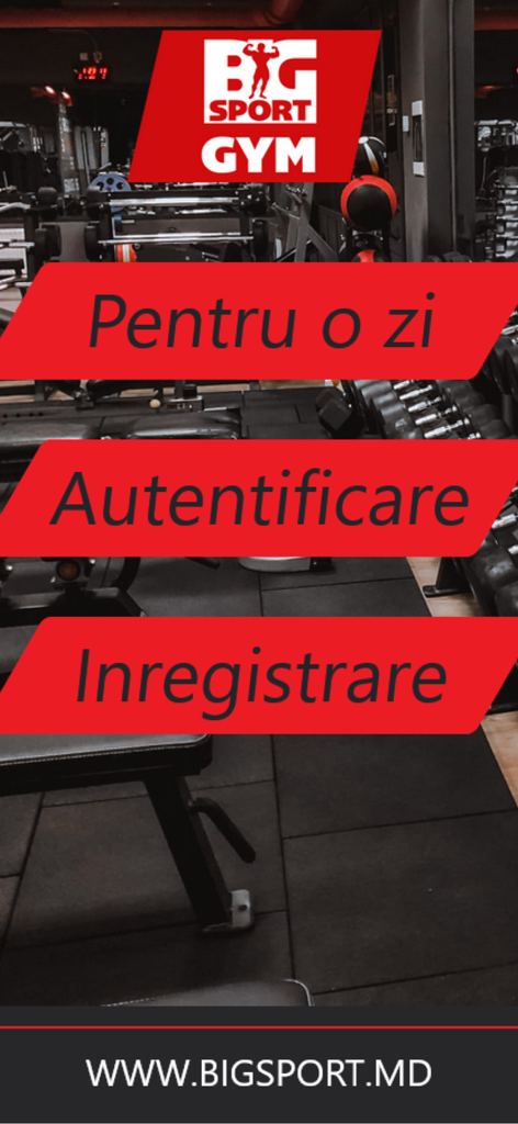 BigSportGym - BigSportGym app home screen with login registration and day pass options on a gym background