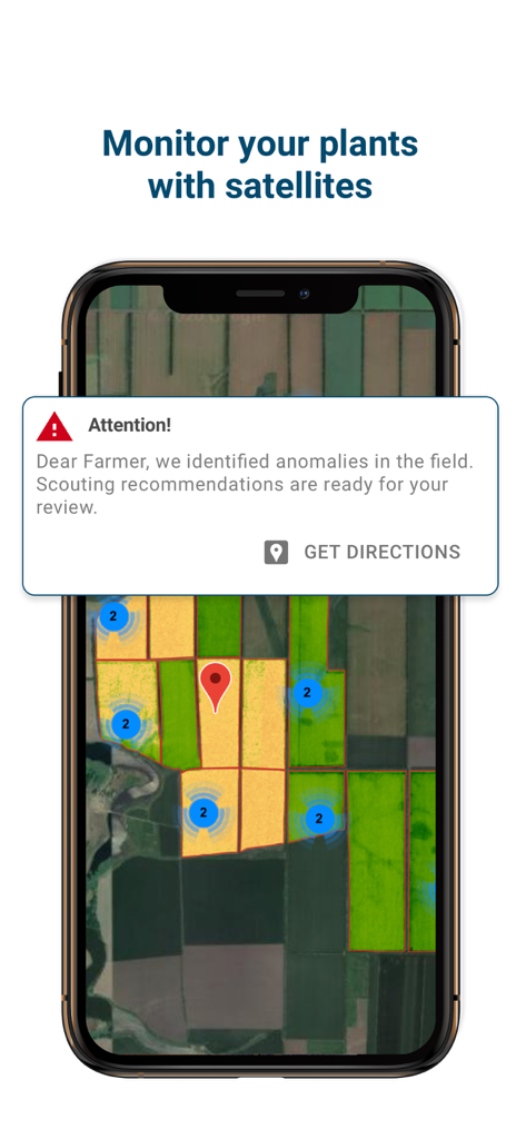 Agrio - Plant diagnosis app - Agrio app displaying a satellite map of fields with an anomaly alert notification