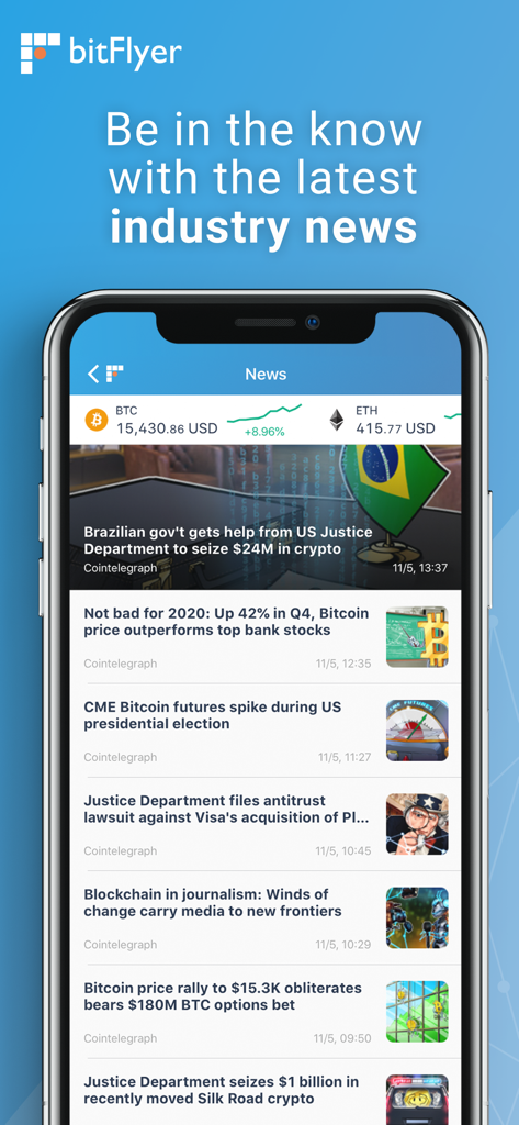 Pantalla de smartphone que muestra el feed de noticias de la aplicación bitFlyer con los últimos titulares de la industria de criptomonedas y precios de mercado en vivo