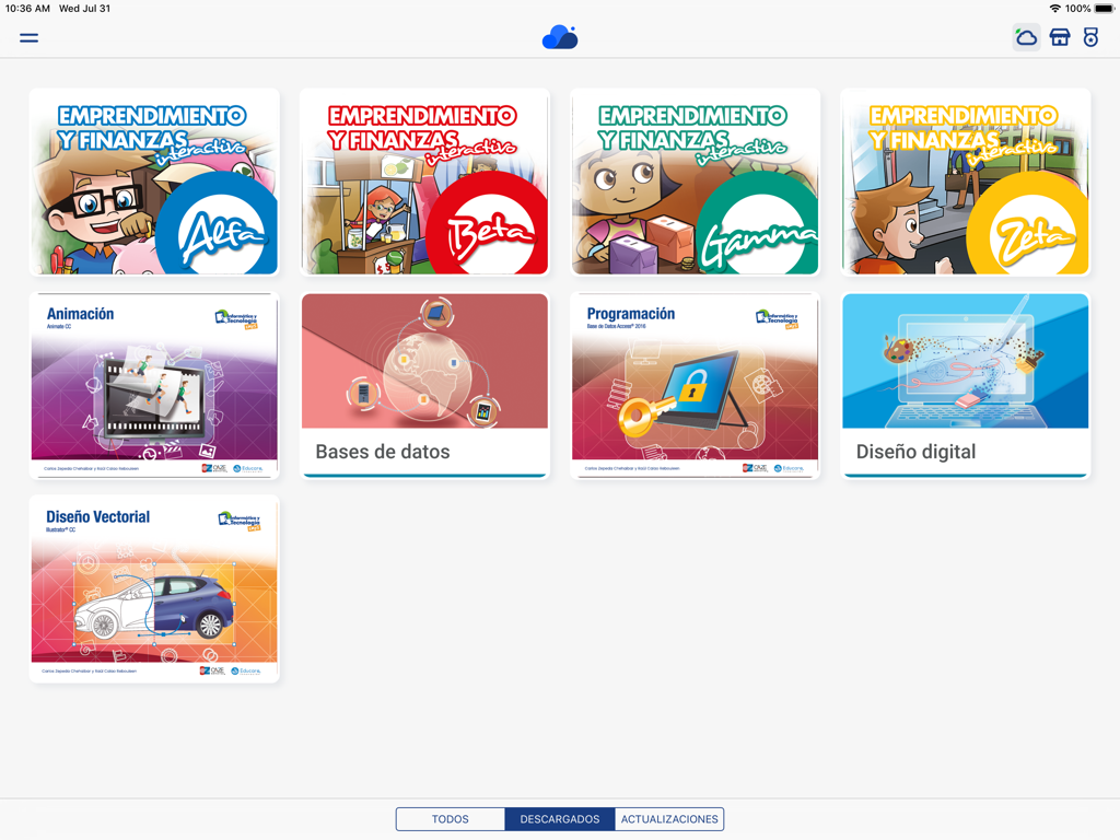 Panel de control de la aplicación Nimbus 2.0 que muestra libros educativos interactivos en español.