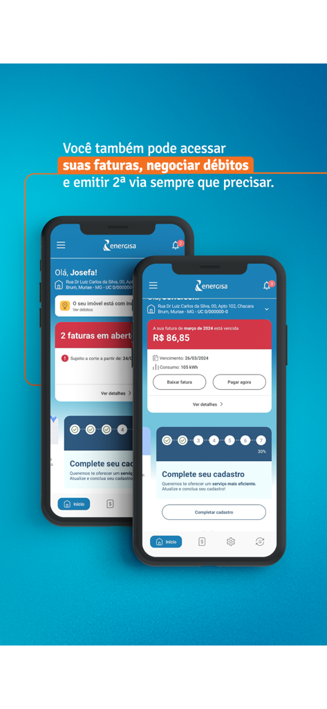 Interface do aplicativo móvel Energisa On exibindo detalhes da conta de eletricidade e opções de pagamento em dois smartphones.