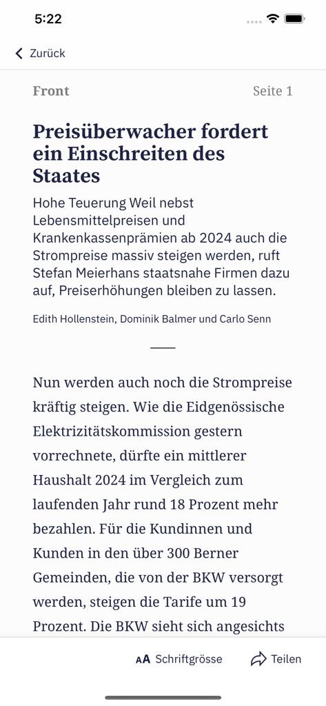 Un article de presse numérique sur l'application Berner Zeitung E-Paper présentant un titre sur la surveillance des prix et l'intervention de l'État.