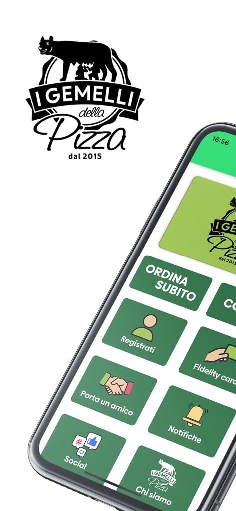 I Gemelli Della Pizza - Main menu of the I Gemelli Della Pizza mobile app featuring order now and loyalty program buttons