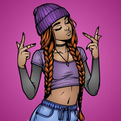realistic teenage girl with braids and a beanie and crop top doing 🫶🏼