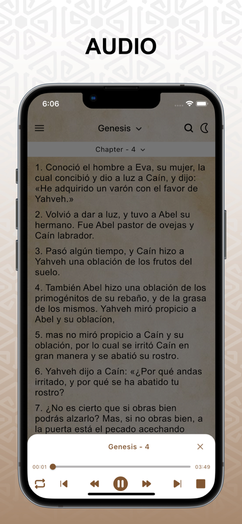Catecismo Iglesia Católica Pro - Smartphone screen showing the audio playback controls for the Spanish Catholic Catechism app