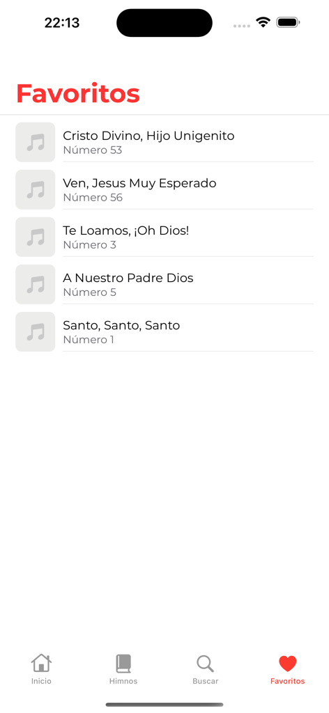 Himnario Bautista X - The favorites screen of the Himnario Bautista X app showing a list of saved Spanish hymns.