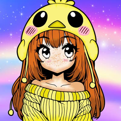anime girl with chick shaped hat with sweater with bare shoulders with bangs covering them one eye with low tail