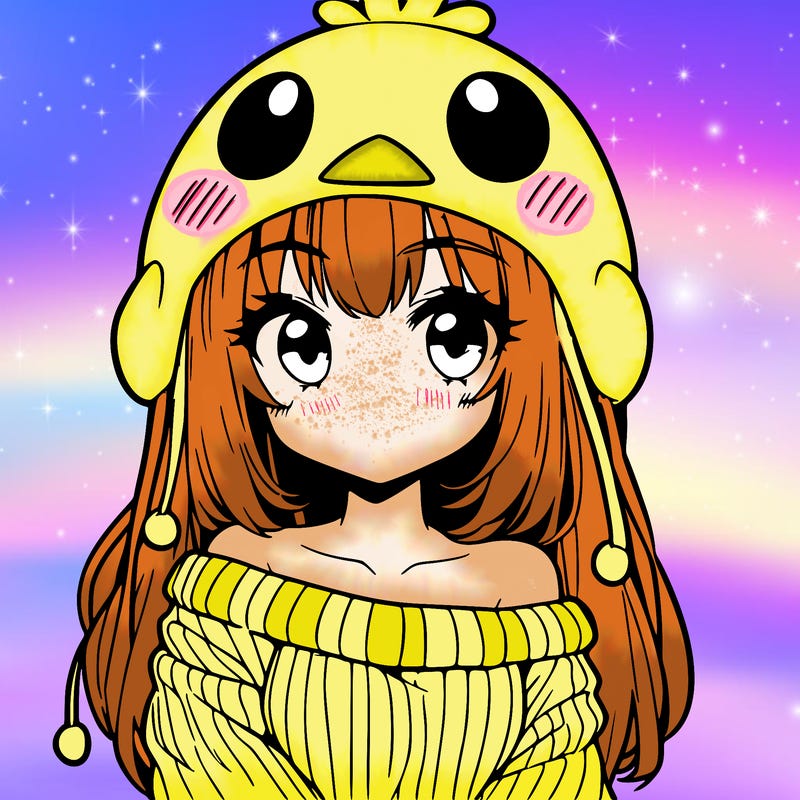 anime girl with chick shaped hat with sweater with bare shoulders with bangs covering them one eye with low tail