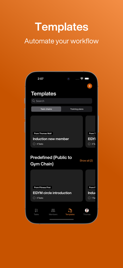 EGYM Trainer app dashboard showing task chain templates for automating gym member workflows