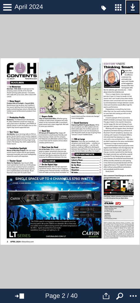 FRONT of HOUSE (FOH) Magazine - Digitale Inhaltsverzeichnis-Seite des FRONT of HOUSE Magazins mit Branchennachrichten und Anzeigen für Audiogeräte.