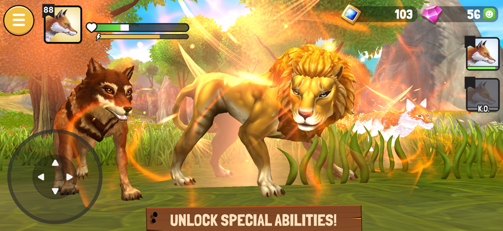 Animal Kingdoms: Wolf Sim MMO - Un lobo y un león dorado brillante activando habilidades especiales en el juego Animal Kingdoms MMO