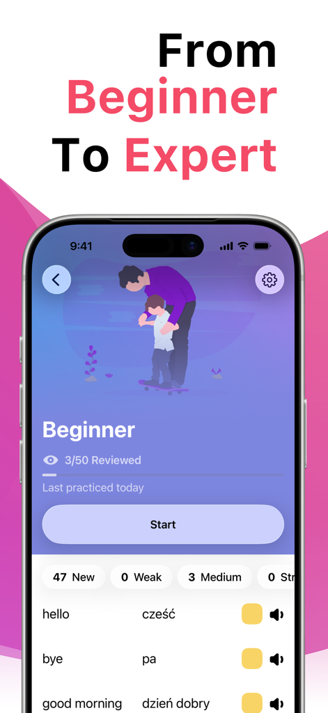 Uno schermo di smartphone che mostra lezioni di vocabolario per principianti di polacco nell'app LENGO.