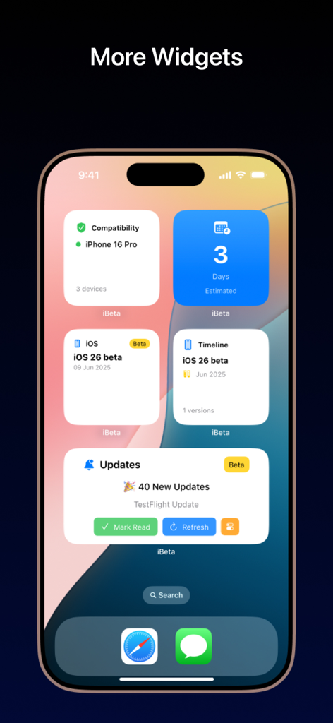 iPhone-Homescreen, der verschiedene iBeta-Widgets zur Verfolgung von Apple Beta-Software-Updates anzeigt