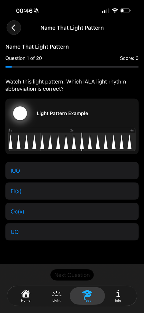 Maritime Master – IALA Buoyage - A quiz screen from the Maritime Master app asking to identify an IALA light rhythm pattern from a visual diagram.