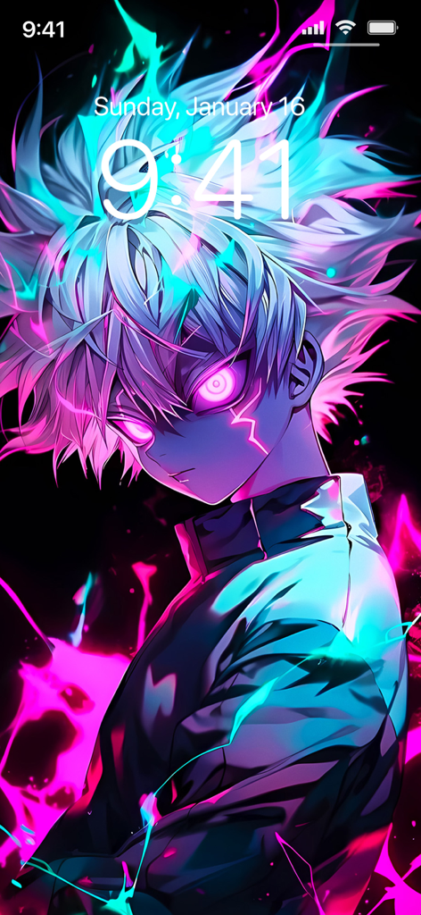 Anime Wallpapers 4K | HD - A vibrant neon anime wallpaper featuring a character with glowing pink eyes on an iPhone lock screen