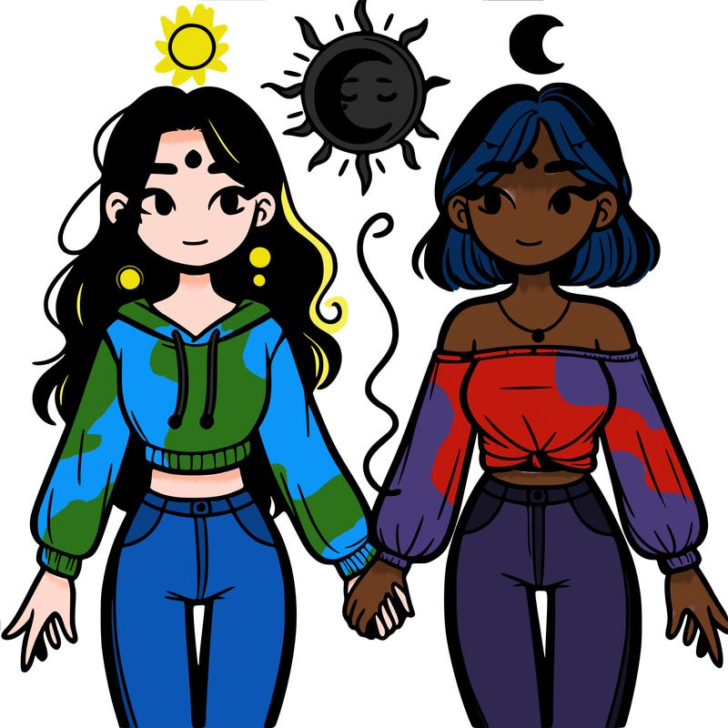 tow girls holding each other's hands one of the girls have a son and one of the other girls have a moon