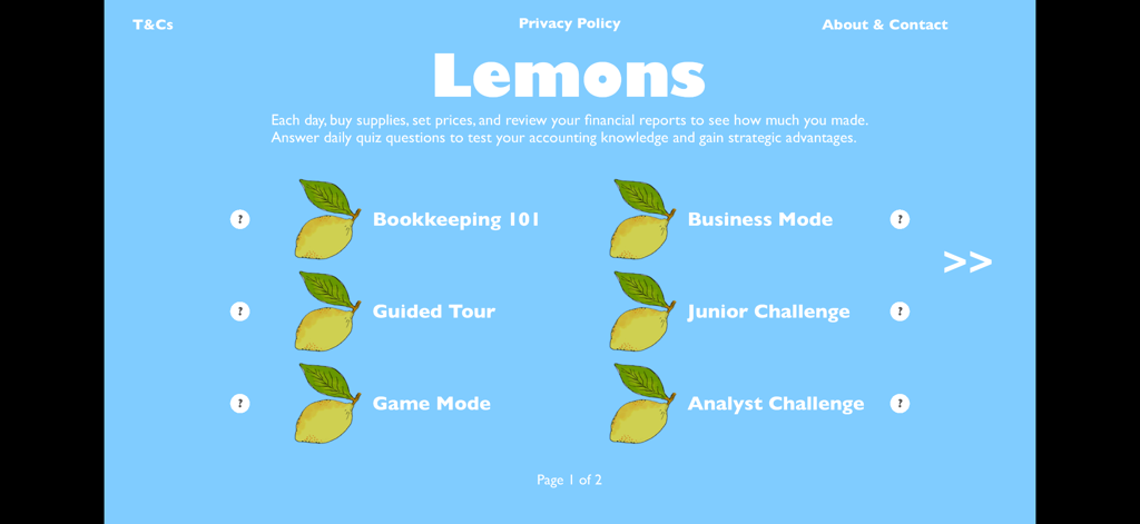 Lemons: Learn Accounting - Main menu of the Lemons accounting app showing learning modes like Bookkeeping 101 and Business Mode