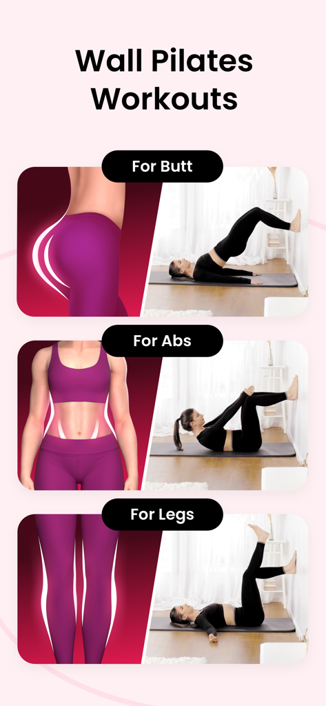 A menu of wall pilates workouts for targeting butt, abs, and legs with visual illustrations and real-life demonstration photos.