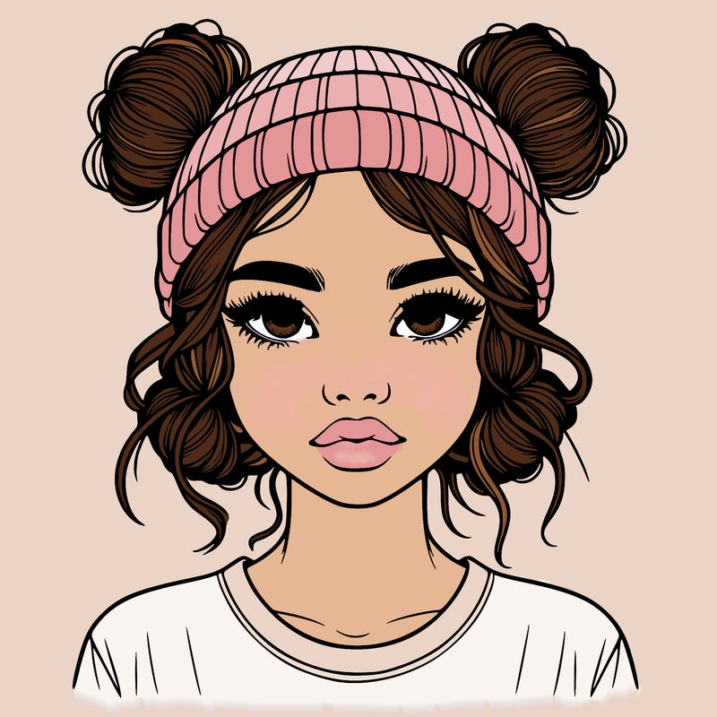 realistic girl with buns in her hair with a beanie on