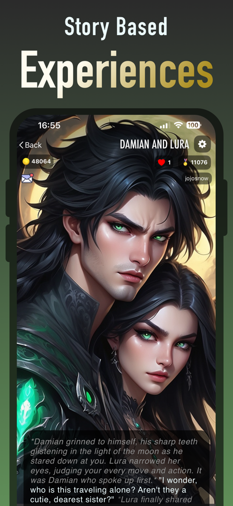 Jupi AI Chat Fantasy Roleplay - Una captura de pantalla móvil de la aplicación Jupi AI Chat que muestra dos personajes de anime de fantasía en una experiencia de rol basada en historias.