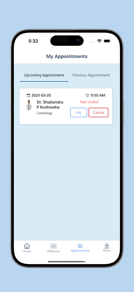 Norvic Care - Upcoming medical appointment details in the Norvic Care app showing doctor name date and time