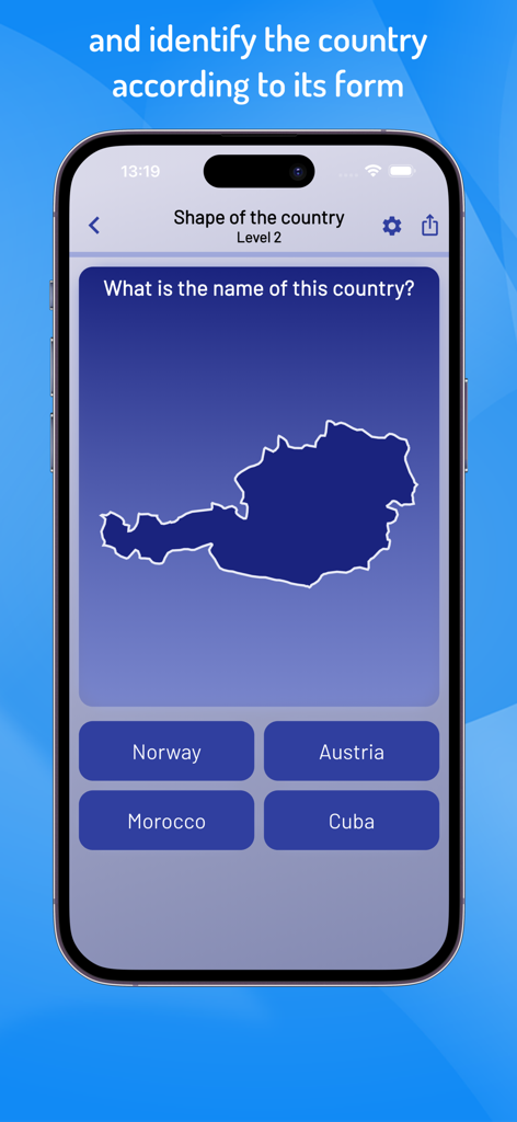 Quiz World Countries & Cities - A screenshot of the Quiz World app displaying a geographic quiz where the user must identify a country by its map outline.