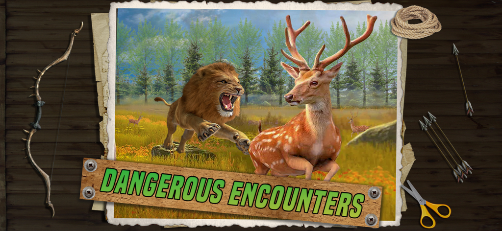 Animal Hunter : Hunting Games - A lion chasing a deer in a hunting simulator game screenshot with the title Dangerous Encounters