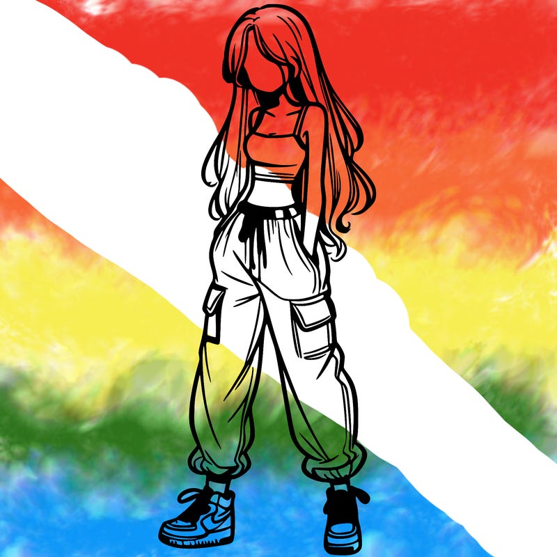 girl in baggy pants crop top and long hair