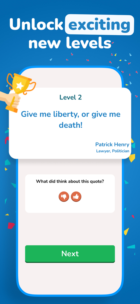 Code Crackle - Cryptogram game - A completed level screen in Code Crackle showing a solved historical quote by Patrick Henry