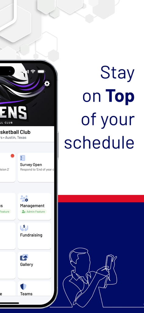 Stack Team Appのモバイルインターフェース。スポーツクラブ管理機能とスケジュールオプションを表示。
