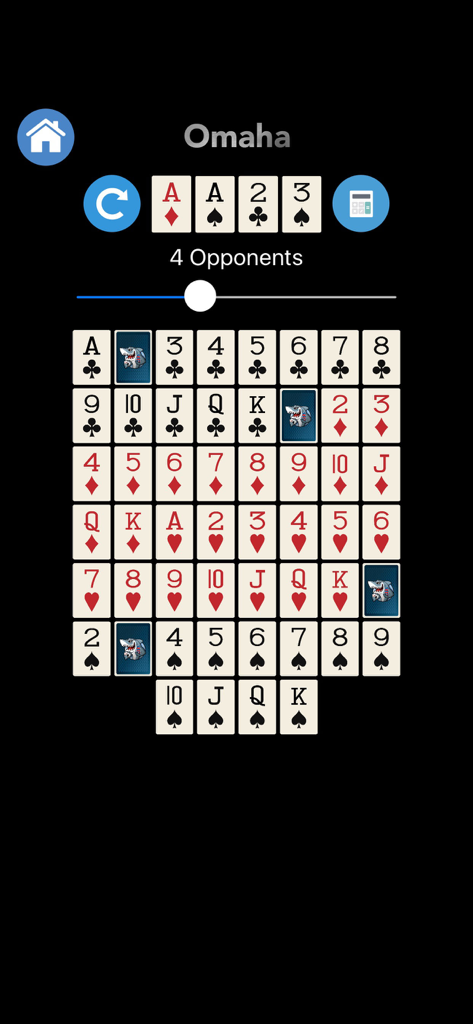 Poker Odds Helper - 4枚のカードと対戦相手スライダーが表示された、ポーカー・オッズ・ヘルパー・アプリのオマハ・スターティングハンド選択画面