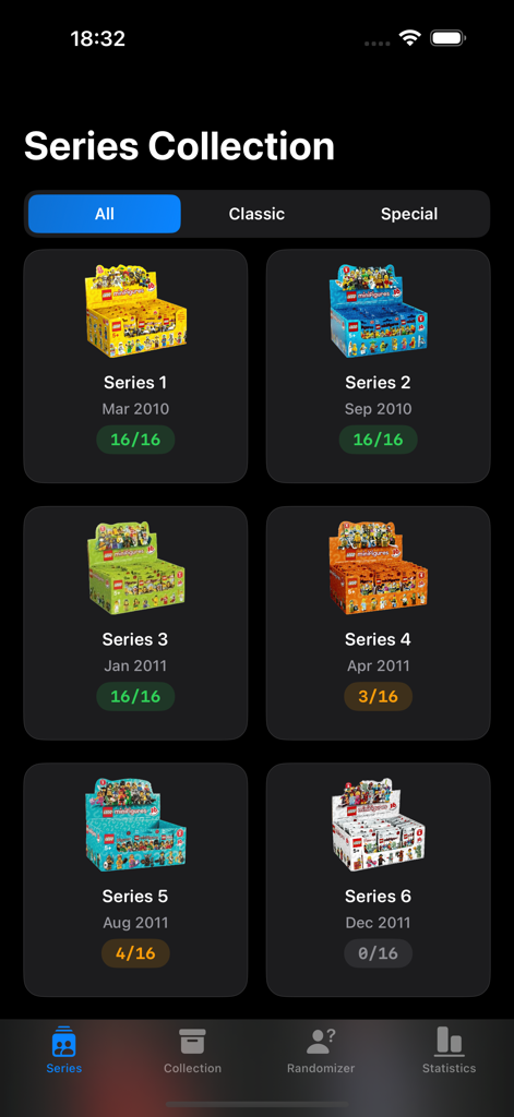 Captura de pantalla de la aplicación Minifigures Tracker mostrando varias series de Minifiguras LEGO con indicadores de progreso de la colección.