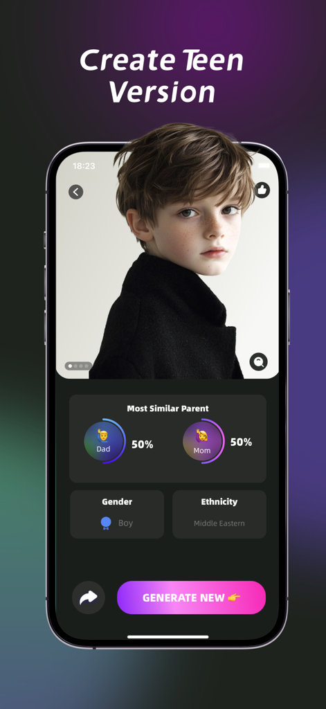AI Future Baby - Art Generator - Interface of AI Future Baby app showing a generated teen version of a child with 50 percent similarity to each parent