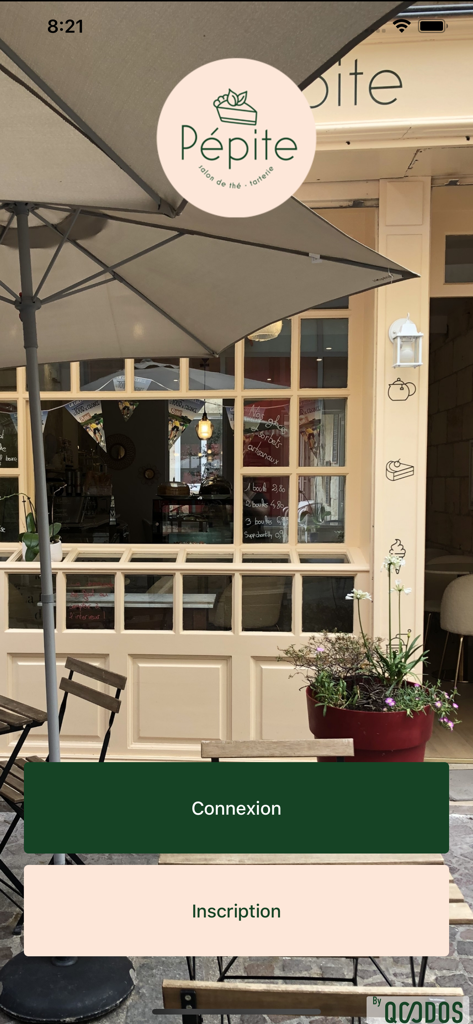 Pépite Libourne - Pantalla de bienvenida de la app Pepite Libourne con el logo de la tetería y los botones de inicio de sesión