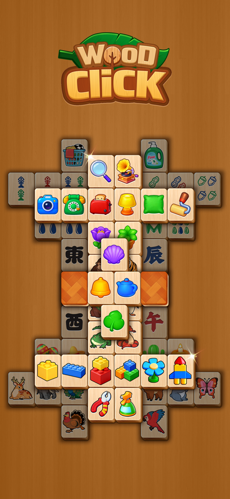 Gameplay screen of Click Wood showing large wooden mahjong tiles with colorful icons for a relaxing matching experience.