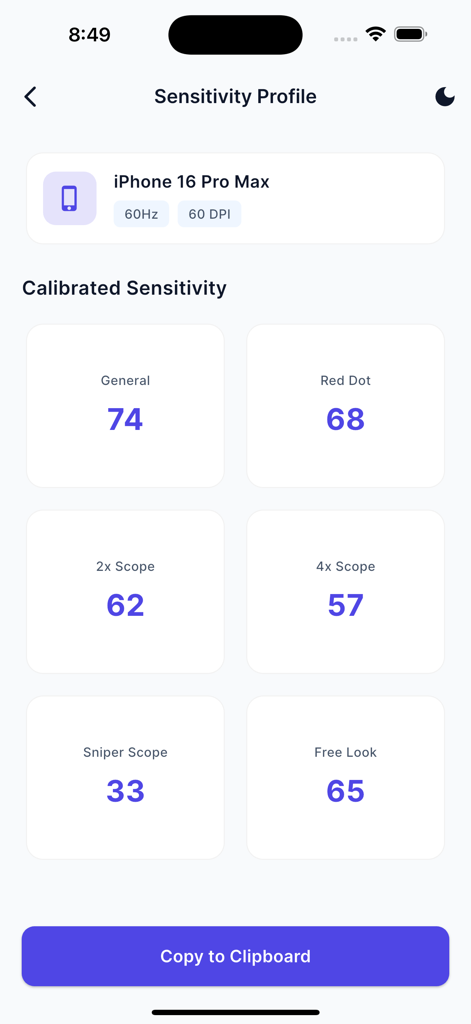 Sensi Tracker - Pantalla del perfil de sensibilidad de la aplicación Sensi Tracker para iPhone 16 Pro Max que muestra la configuración calibrada