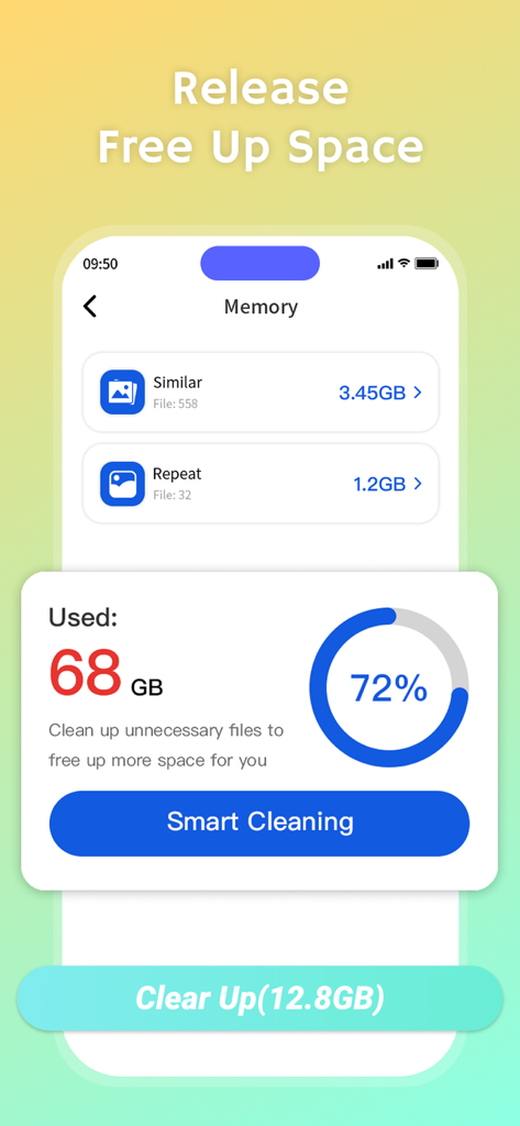 Clean up: AI Storage Cleaner - Clean up AI Storage Cleaner app interface showing memory usage statistics and smart cleaning button