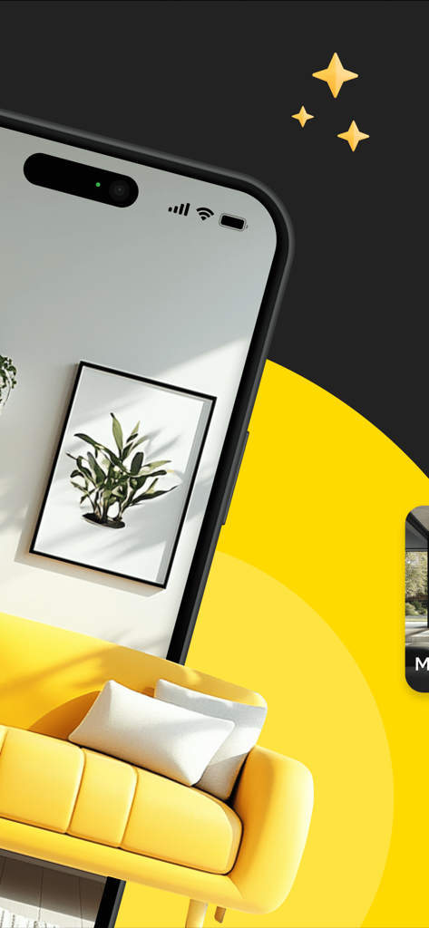 AI Interior Design, Renovation - Mobile phone screen showing a bright interior design with a yellow sofa and plant artwork