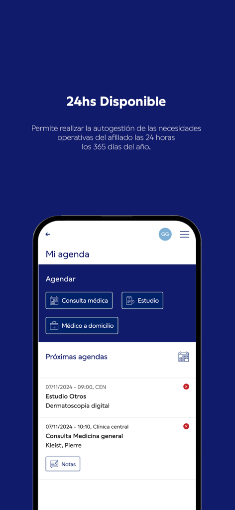 診察の予約と今後の予約を表示するオプションがあるユーザーのスケジュールを示すHospital Británicoアプリのモバイルインターフェース。