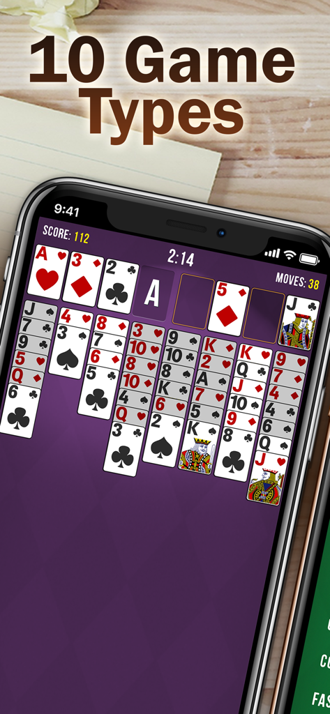 Smartphone screen showing a card game from the Solitaire Bliss Collection with a headline for 10 game types